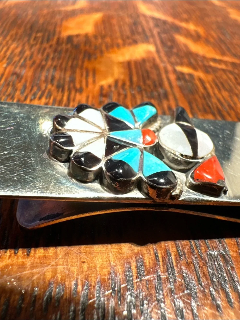 VTG Native American Sterling Silver MOP Turquoise Peyote Water Bird Money Clip